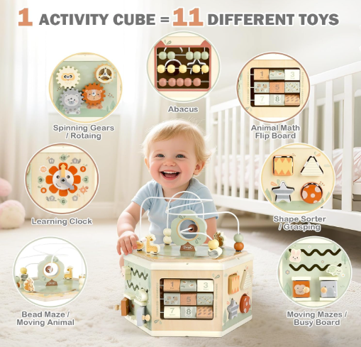 Toy Zilla Wooden Activity Cube - 11-in-1 Montessori Toys