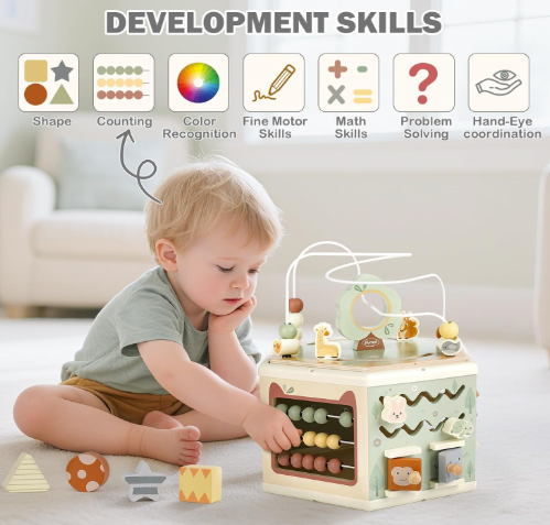 Toy Zilla Wooden Activity Cube - 11-in-1 Montessori Toys